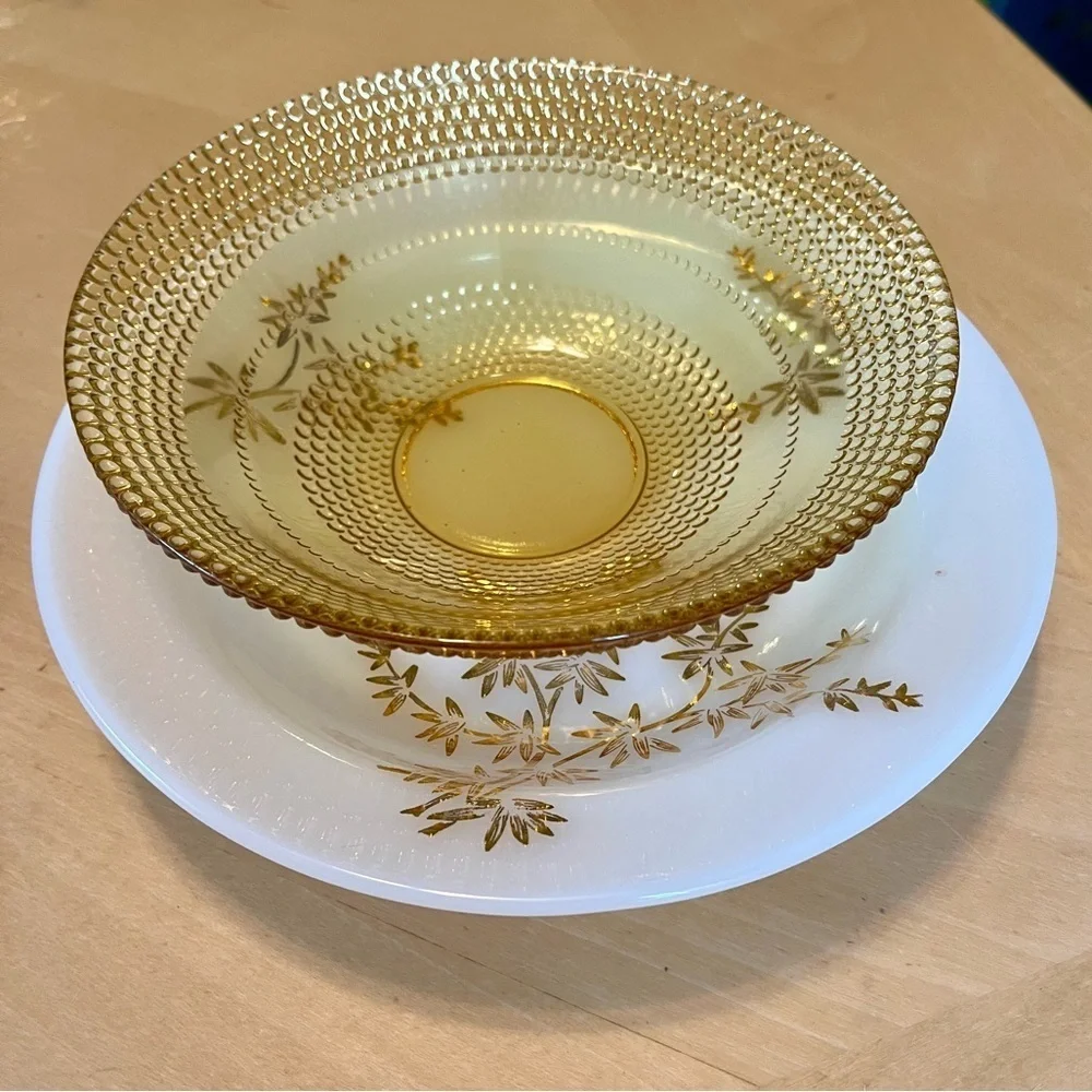Beautiful Vintage Amber Glass Beaded Bowl and Federal White Milk Glass Bowl Set